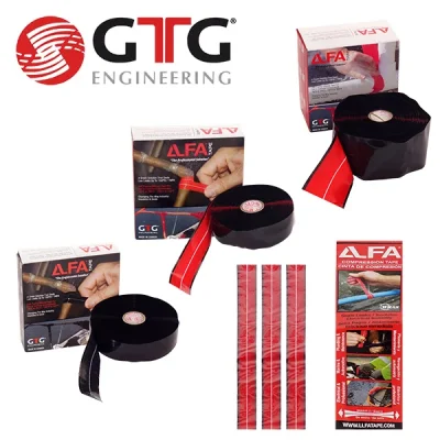Cintas para sellar fugas LLFA Tape de GTG Engineering en rollos rojo y negro con muestras