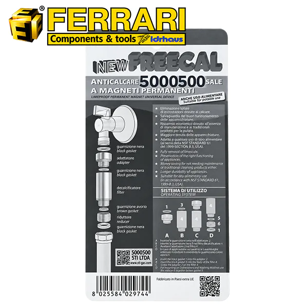 descalcificador magnético New Freecal Ferrari, dorso del blíster con instrucciones de instalación