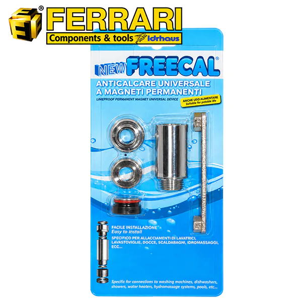 descalcificador magnético New Freecal Ferrari, blíster frontal con cuerpo, adaptador y reductor