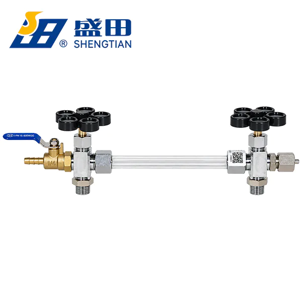 Indicador de nivel de agua con tubo de vidrio Shengtian sin protector, con válvulas y llave de purga