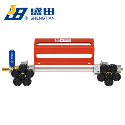 Indicador de nivel de agua con tubo de vidrio Shengtian, vista frontal con protector y válvulas de perilla