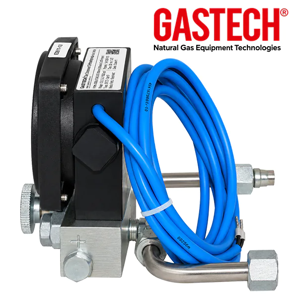 Manómetro diferencial para filtros de gas Gastech, vista lateral con colector