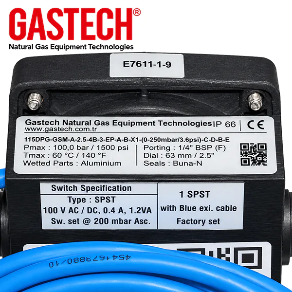 Manómetro diferencial para filtros de gas Gastech, placa de datos