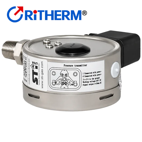 Manómetro con transmisor 4-20 mA Ritherm, vista posterior con etiqueta de conexión del transmisor