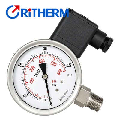 Manómetro con transmisor 4-20 mA Ritherm de 0÷40 bar, vista frontal del dial y conector eléctrico
