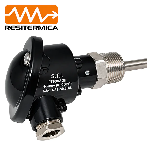 sensor Pt100 con transmisor 4-20 mA Resitermica, cabezal industrial con rosca 3/4″ NPT