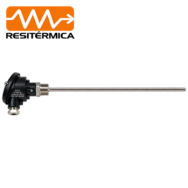 sensor Pt100 con transmisor 4-20 mA Resitermica, vista completa con vaina de 350 mm